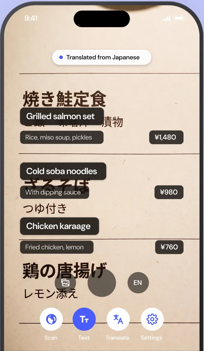 AI Translate camera translating a Japanese menu into English with the translation overlaid on each line