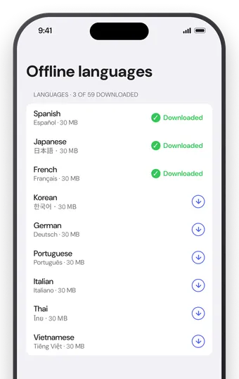 AI Translate offline languages screen listing downloaded language packs