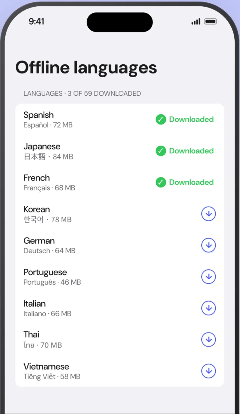 AI Translate offline languages screen showing downloaded packs for Spanish, Japanese and French