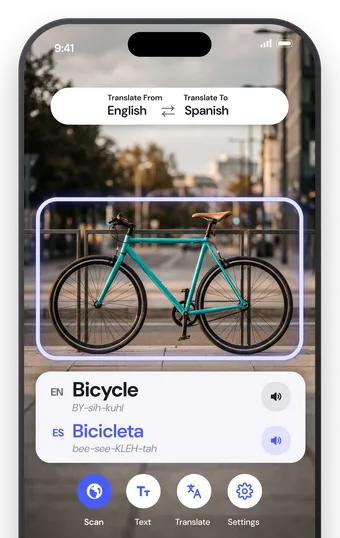 AI Translate's Scan tab identifying a bicycle and showing Bicycle in English and Bicicleta in Spanish, with phonetic spelling and speaker buttons