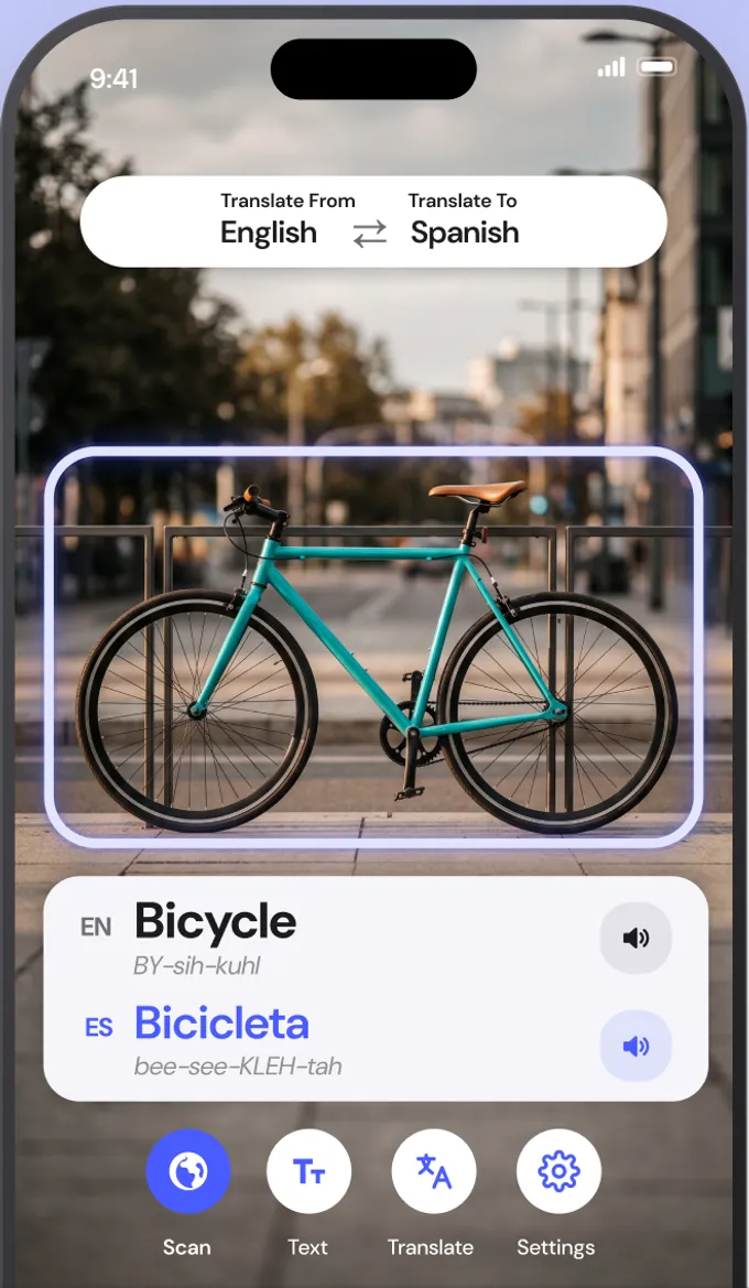 AI Translate object scanner identifying a bicycle and showing the English and Spanish names with pronunciation