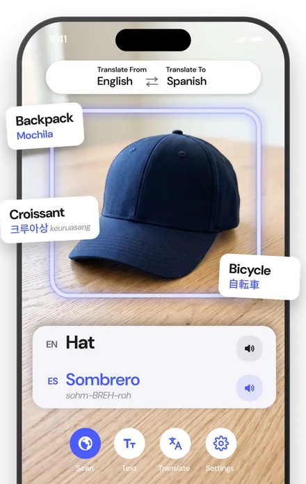 AI Translate's Scan tab pointed at a cap, showing Hat in English and Sombrero in Spanish with speaker buttons