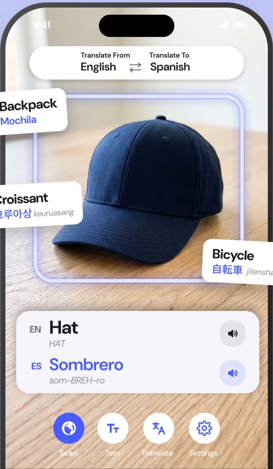 AI Translate app scanning a hat and showing Hat in English and Sombrero in Spanish with pronunciation