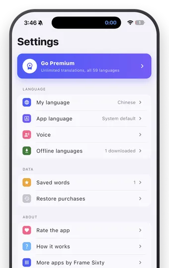 AI Translate settings screen with Go Premium, Offline languages, Saved words and Restore purchases
