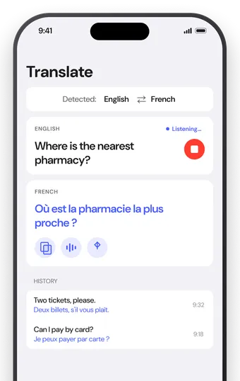 AI Translate's Translate tab listening to a spoken English question and showing it in French, with recent translations below