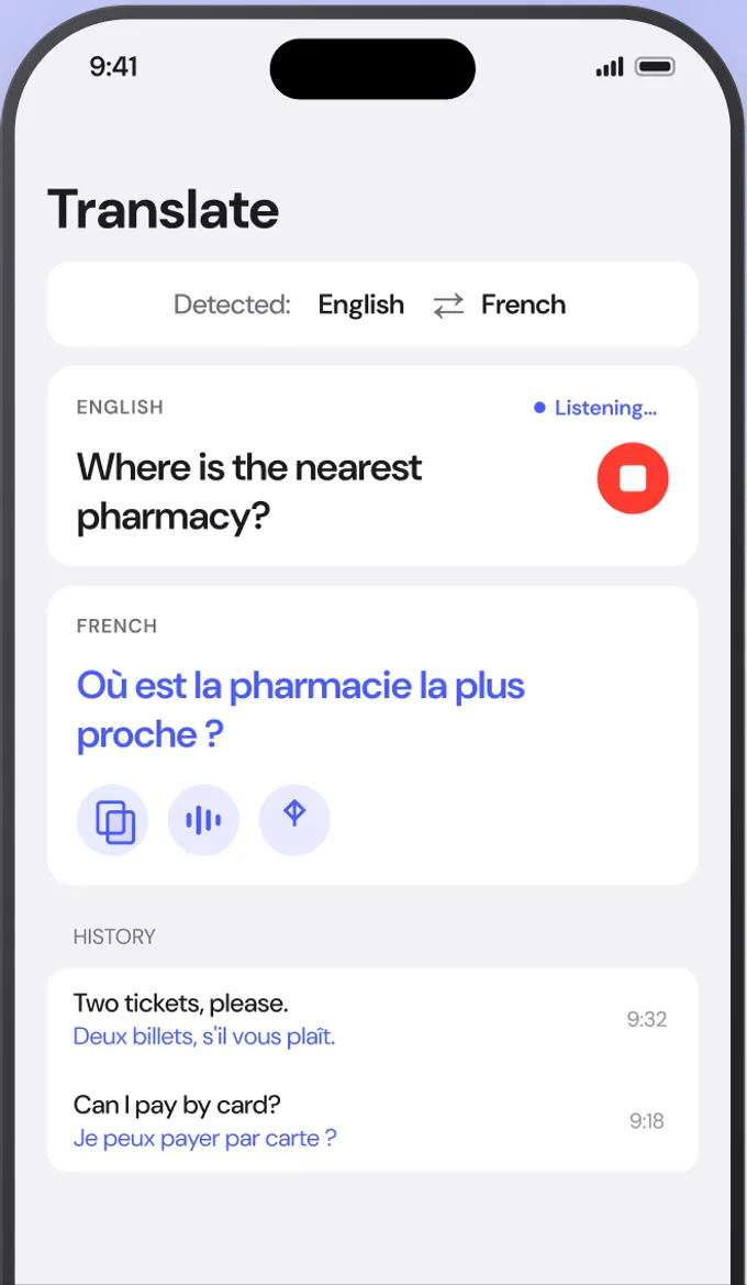AI Translate text screen translating a spoken English question into French
