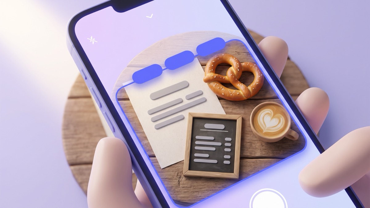 A hand holding a phone over a café table, its camera view showing a paper notice and a small menu board with indigo translation chips over the text, next to a pretzel and a coffee