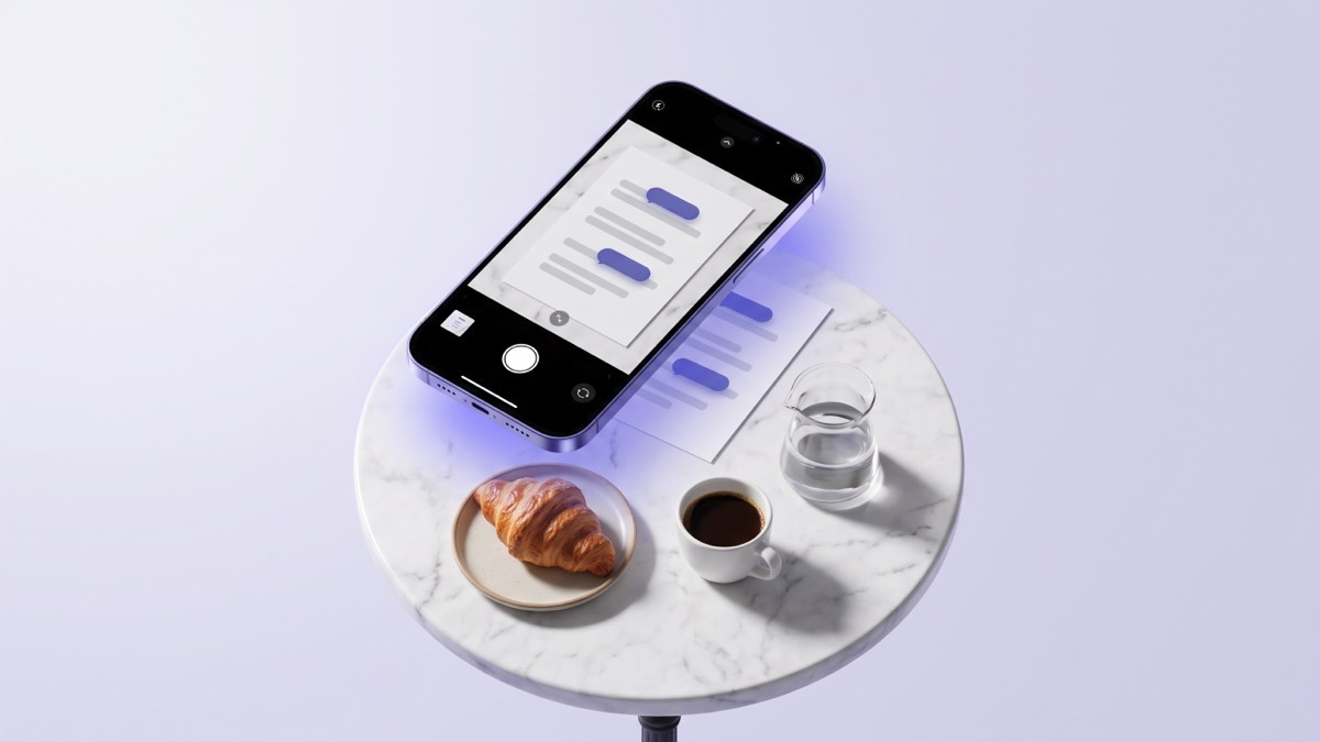 A phone floating above a round marble bistro table, its camera view showing a printed menu card with indigo translation chips over the text, beside a croissant, a cup of coffee and a small carafe of water