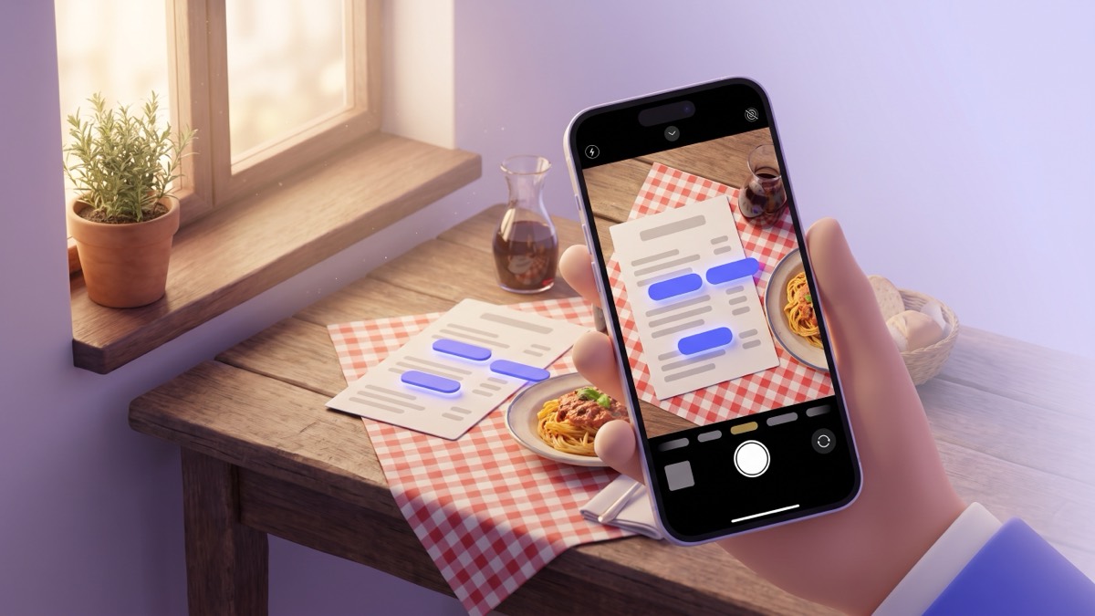 A phone held above a trattoria table, its camera view showing a printed menu with indigo translation chips over the lines, beside a plate of pasta, a small carafe of red wine and a basket of bread