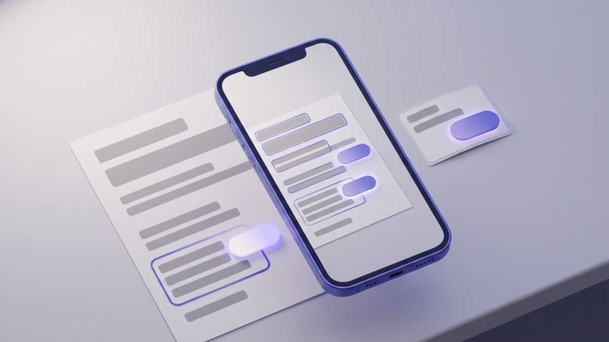 A phone held over a printed page, with indigo translation chips floating above gray blocks of text on the screen
