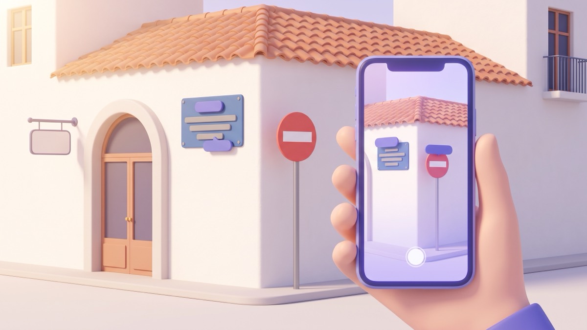 A phone held up on a whitewashed Spanish street corner, its screen showing a blue street nameplate, a round red traffic sign and a hanging shop sign with indigo translation chips over each one