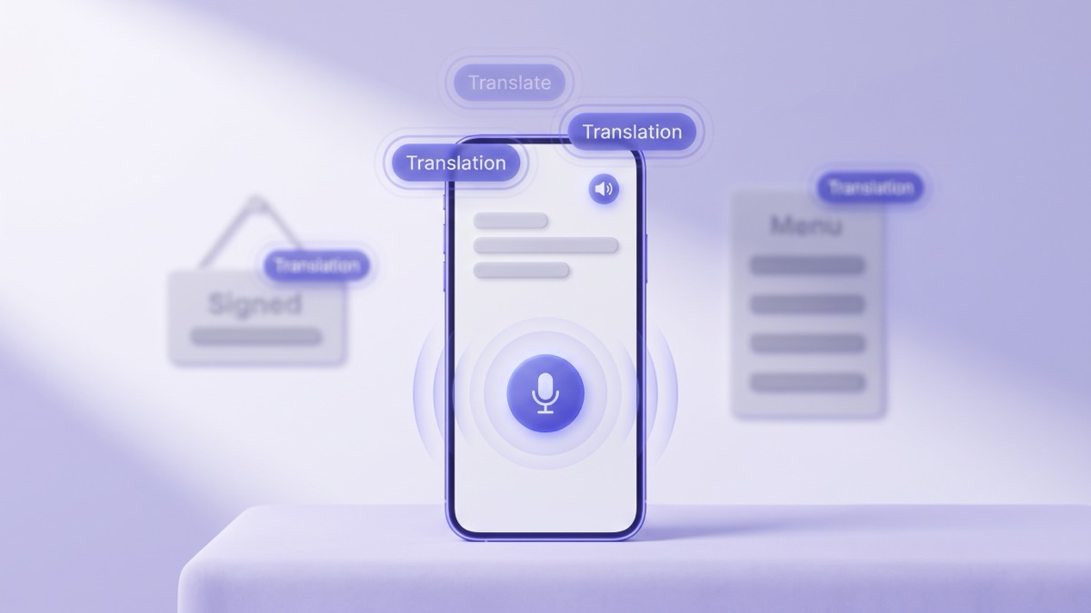 A phone on a lavender surface showing a microphone button and sound waves, with indigo translation chips floating above gray placeholder text bars